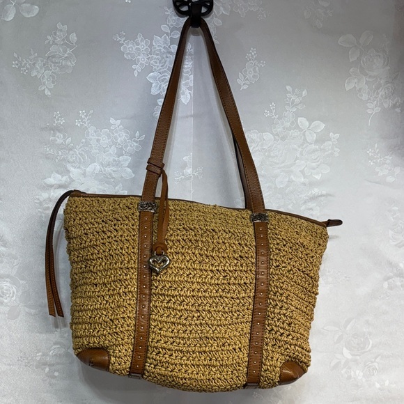 Brighton Dayton Tote in wheat hand woven& luggage brown leather trim purse bag